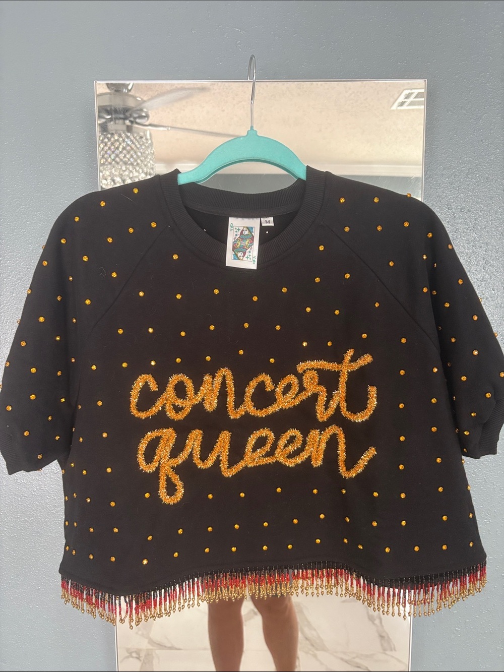 Concert Queen Black Short-Sleeve Sweater with Gold Embellishment